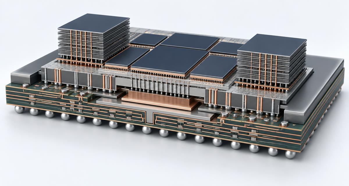 Technical cutaway of an advanced semiconductor package with chiplets, HBM stacks, interposer, vertical connections, thermal structures and power pathways