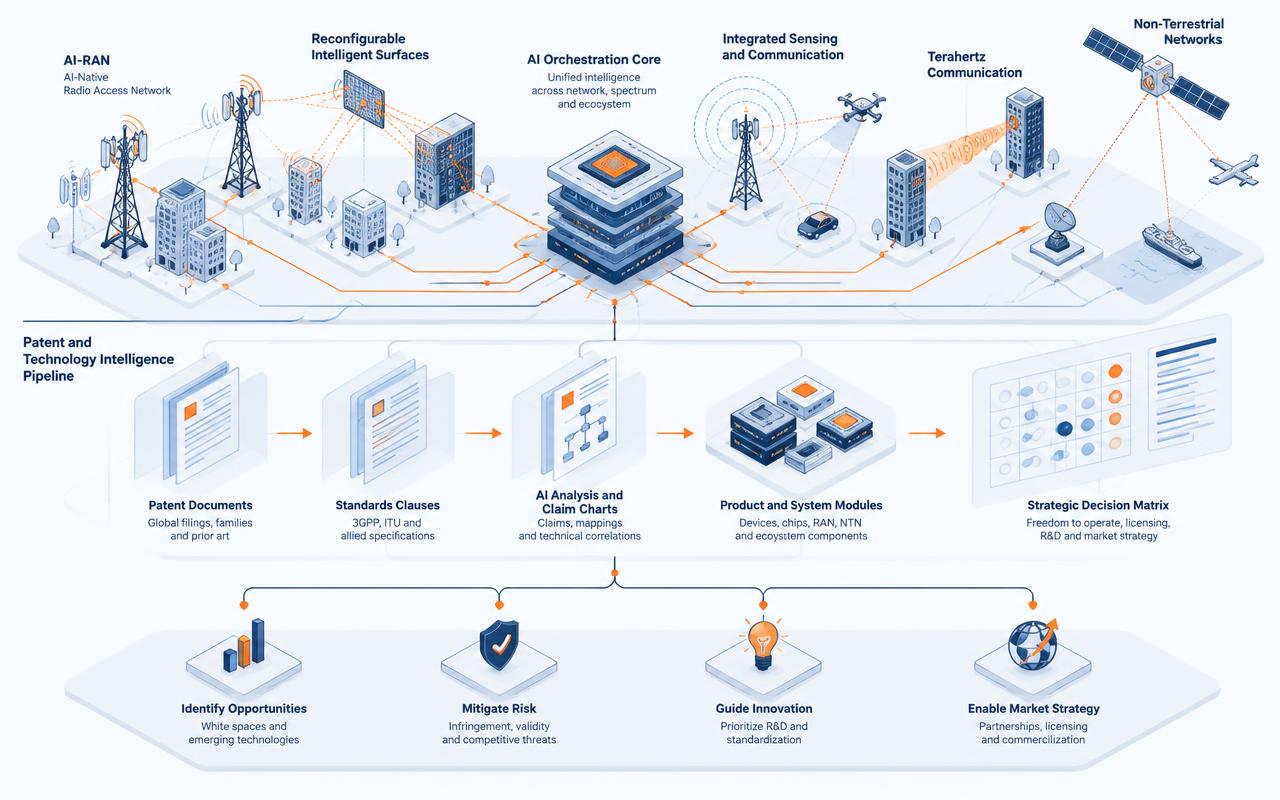 Technical AI-native 6G system flowing from radio, core, sensing, terahertz, intelligent surfaces and non-terrestrial networks into patents, standards, claim charts, products and IP strategy