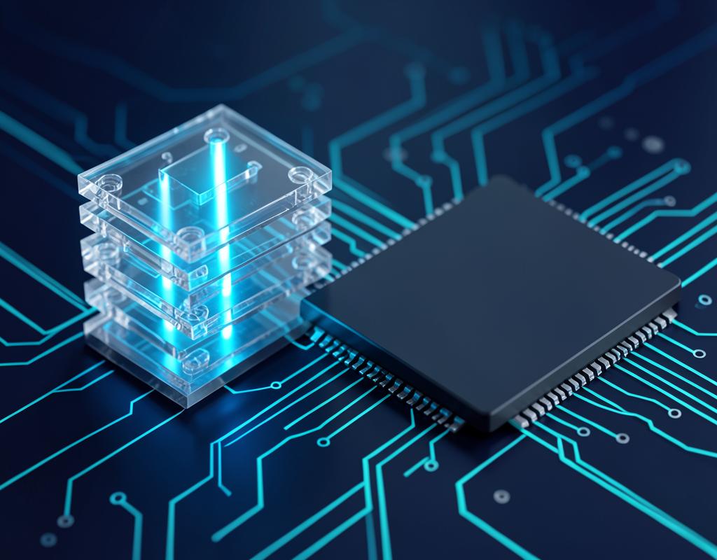 Technical illustration of an HBM memory stack — DRAM dies, TSV interconnects, logic die, interposer and package substrate — rendered as connected intellectual property layers