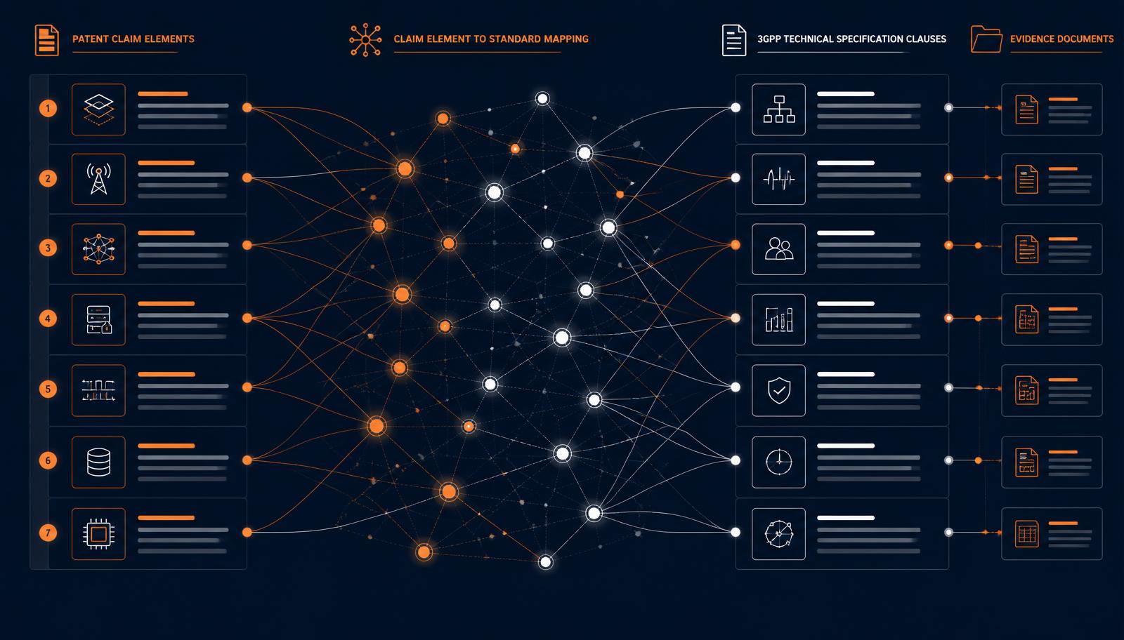 Visual mapping of patent claim elements to 3GPP technical standard clauses and supporting evidence